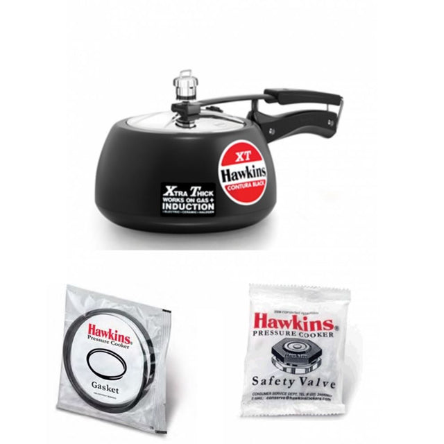 Hawkins Contura Black XT Pressure Cooker Contura Black XT 3L: CXT30 with Hawkins Genuine 2 Gasket & 2 Safety Valve