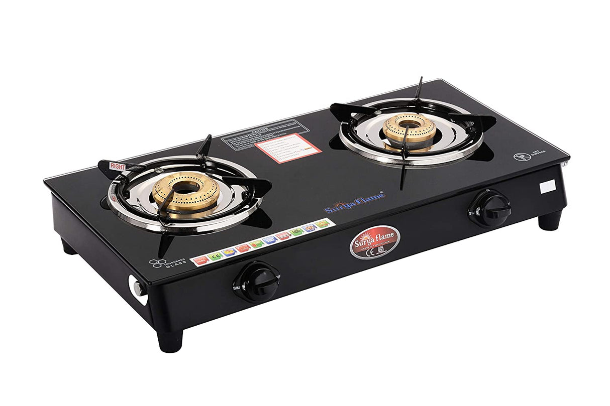 SURYAFLAME 2 Burners Regal Ms Glasstop Gas Stove, Black (Non Auto Ignition)