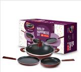 Nirlep Selec+ Non Stick Happiness Set, Induction Compatible Flat Tawa, Fry Pan & Kadhai with Glass Lid