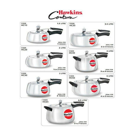 Hawkins Contura Pressure Cooker Contura 3.5 Litre : HC35 with Hawkins Genuine 2 Gasket & 2 Safety Valve