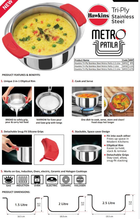 Hawkins Metro Patila Tri-Ply Stainless Steel Induction Safe With Silicone Grips 2.5 Litre (SSP25)