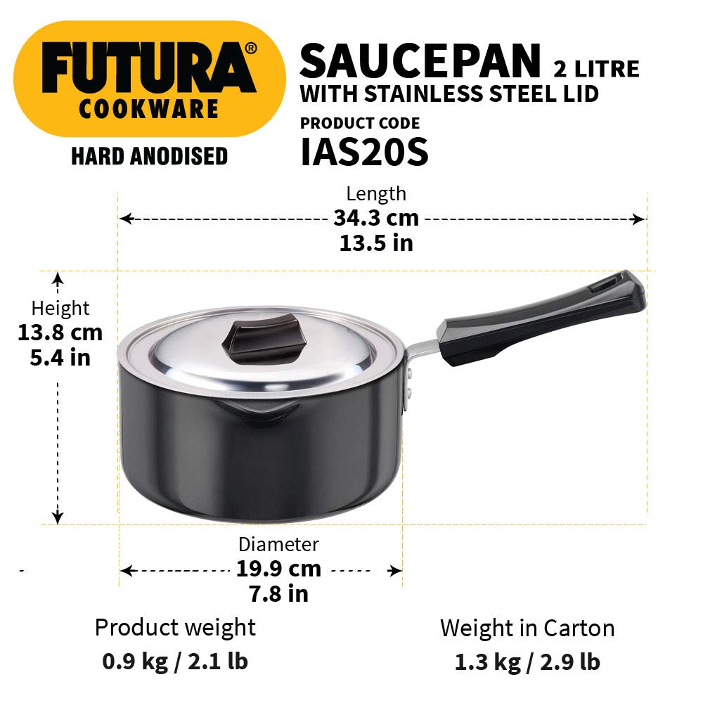 Hawkins Futura 2 Litre Hard Anodised Gas +Induction Base Ezee Pour Saucepan with stainless steel lid  : IAS20S