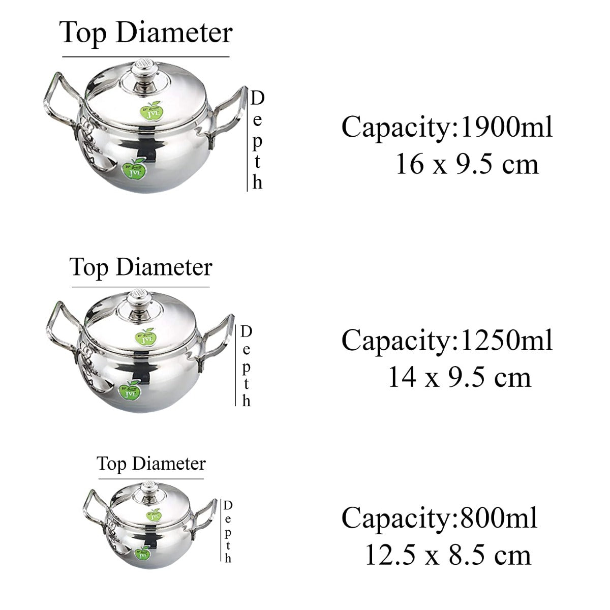 JVL Globe Plain Stainless Steel Cooking Sauce Pot Handi Vessel with Lid (Set Of 3 )