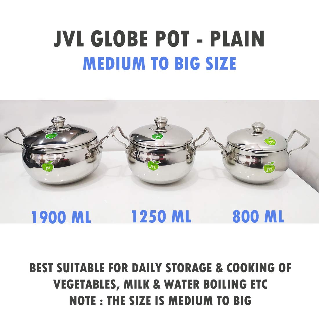 JVL Globe Plain Stainless Steel Cooking Sauce Pot Handi Vessel with Lid (Set Of 3 )